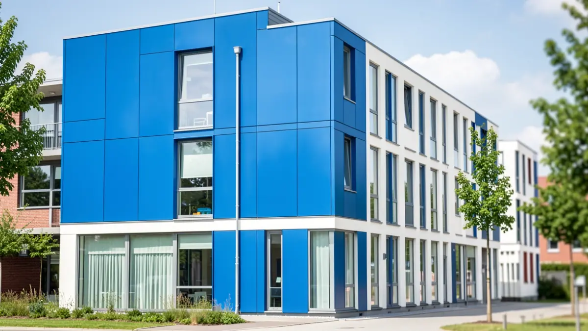 Modern student housing with blue facade panels on the UGent campus in Gent.