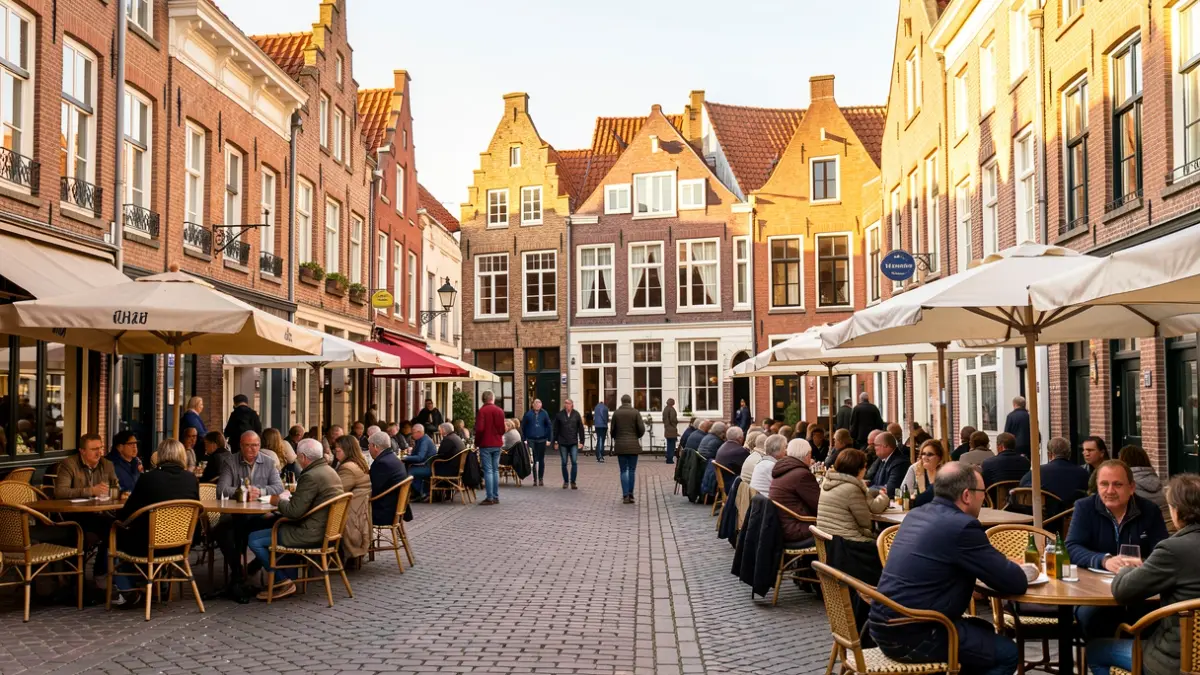 Generieke afbeelding van een Vlaams dorpsplein met traditionele architectuur en mensen die genieten van het buitenleven.