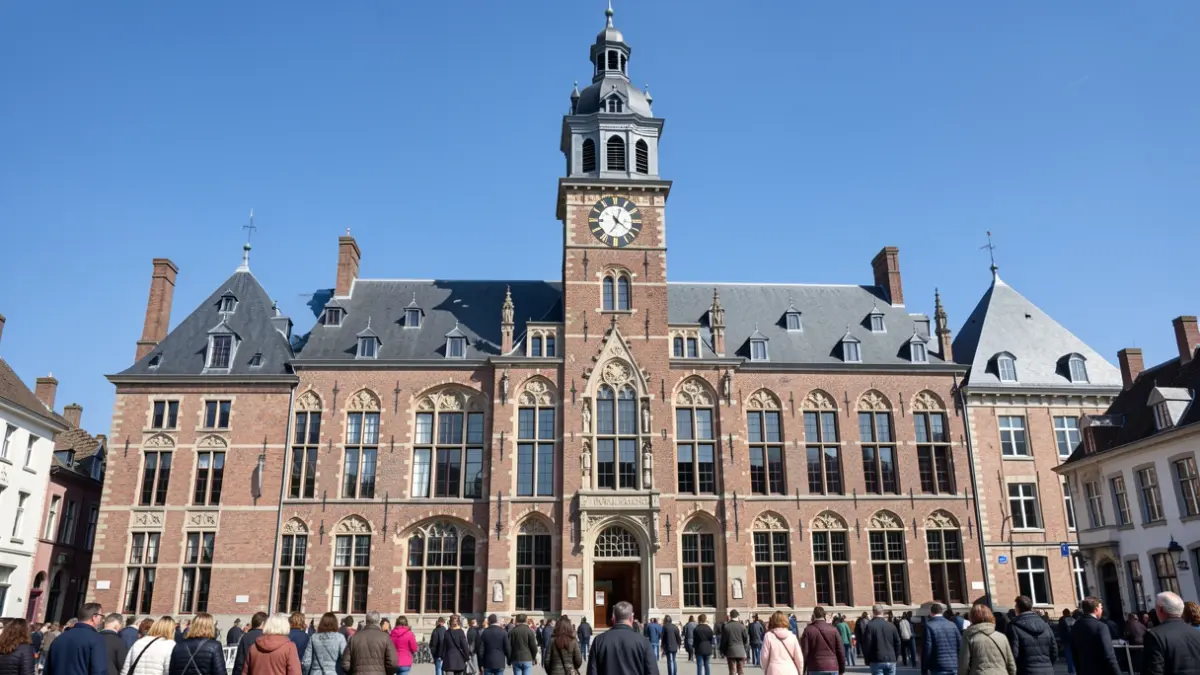 Brick town hall facade with a clock tower under a blue sky.