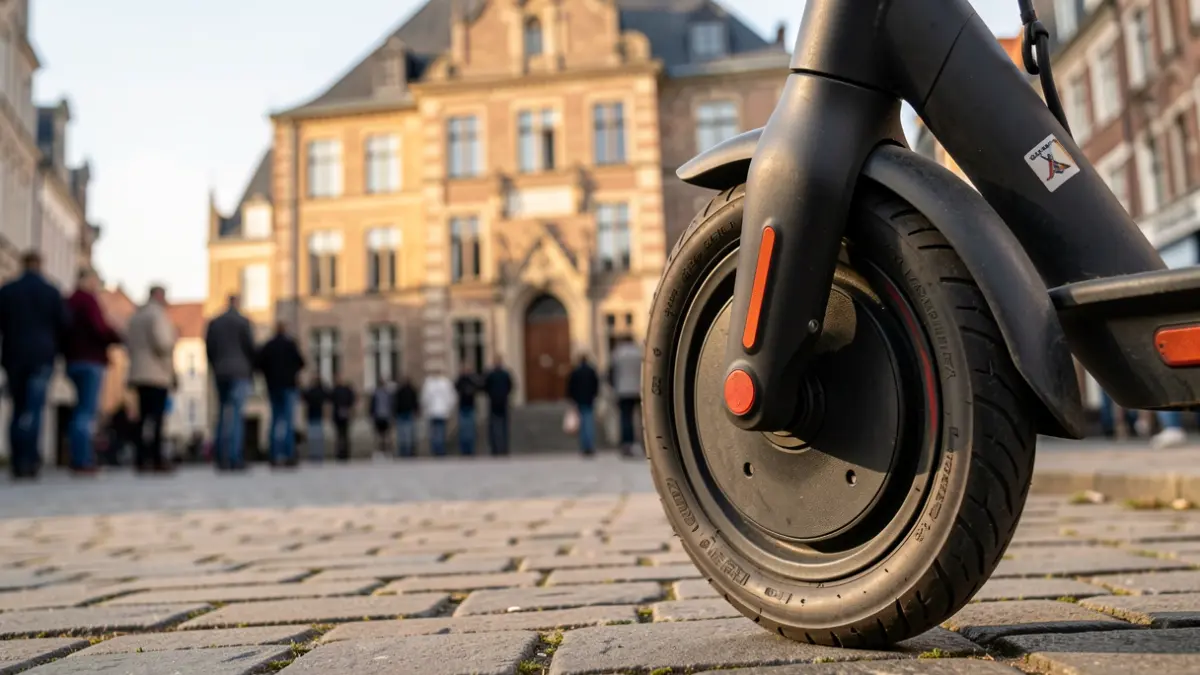 Elektrische step geparkeerd op een stenen stoep in Tienen, met op de achtergrond de gevel van een Vlaams stadhuis.