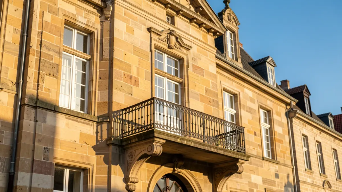 Stenen gevel van een Vlaams stadhuis met een sierlijke balkon en ijzeren balustrade, in warm middaglicht.