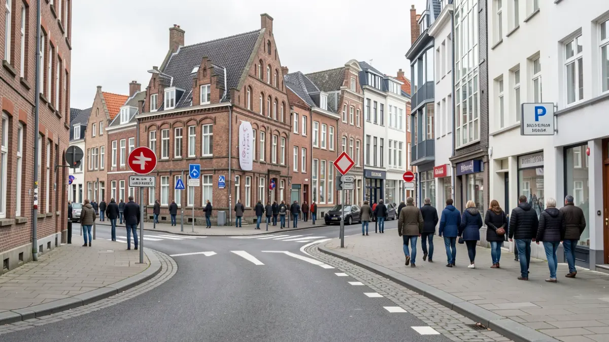 Street view of the Bijlokewijk in Gent with traffic signage.