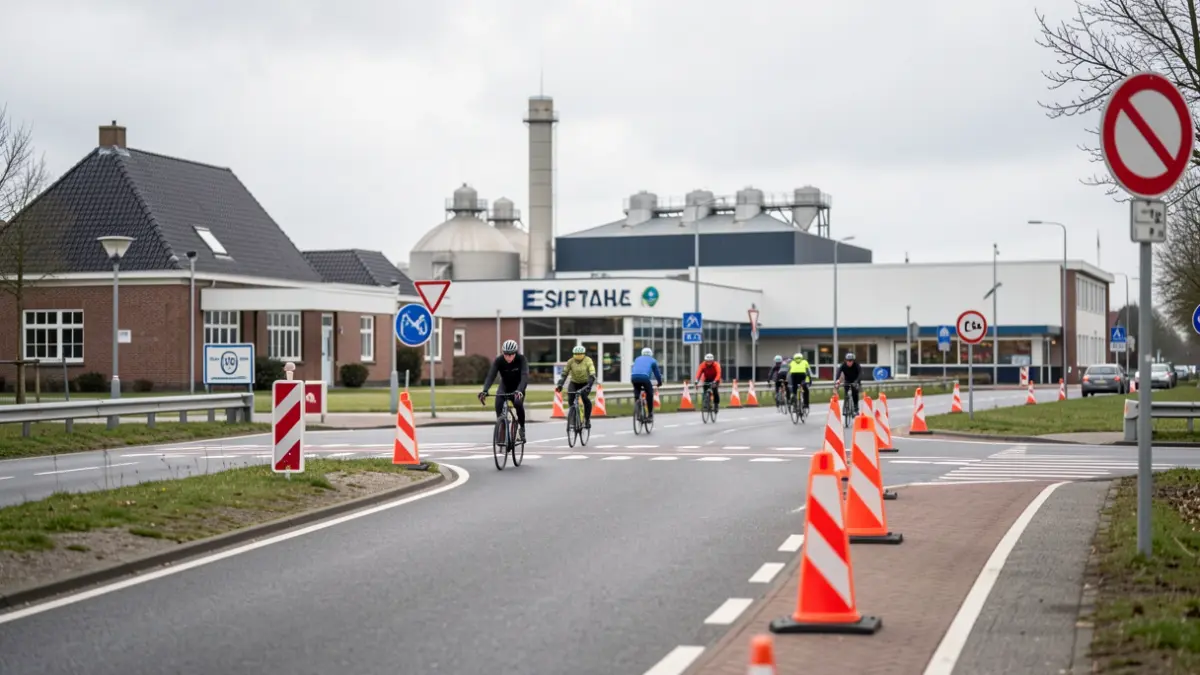 Roadworks on Brusselsesteenweg in Merelbeke with detours for cyclists and motorized traffic.