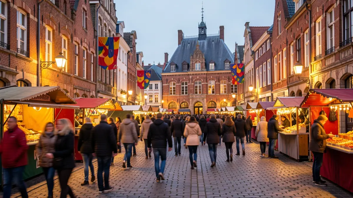 Feestelijke straatscène op een Vlaams dorpsplein tijdens een avondmarkt met sfeervolle verlichting en vage figuren.