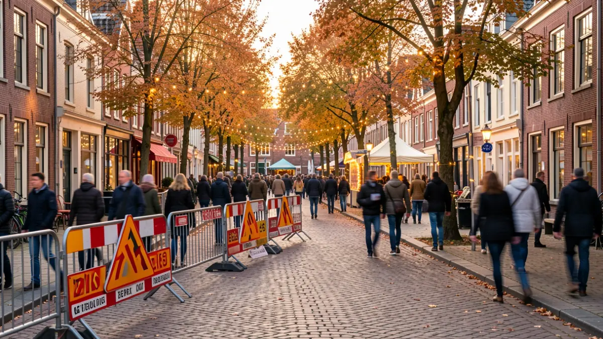 Straatbeeld van een plein in Vlaanderen tijdens de herfst, met tijdelijke barrières en signalisatie voor wegafsluitingen voor een festival. Vervaagde figuren van mensen die wandelen, warm avondlicht, focus op de feestelijke sfeer en tijdelijke infrastructuur.