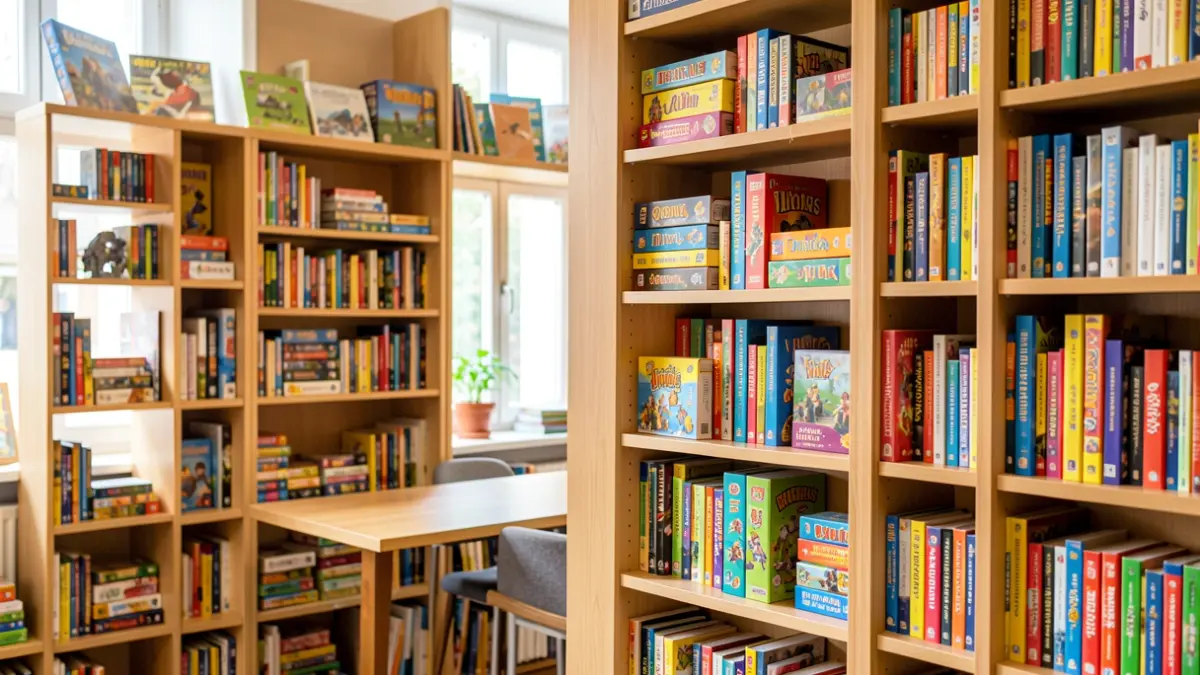 An inviting library space with shelves full of board games and puzzles, illuminated by soft daylight.