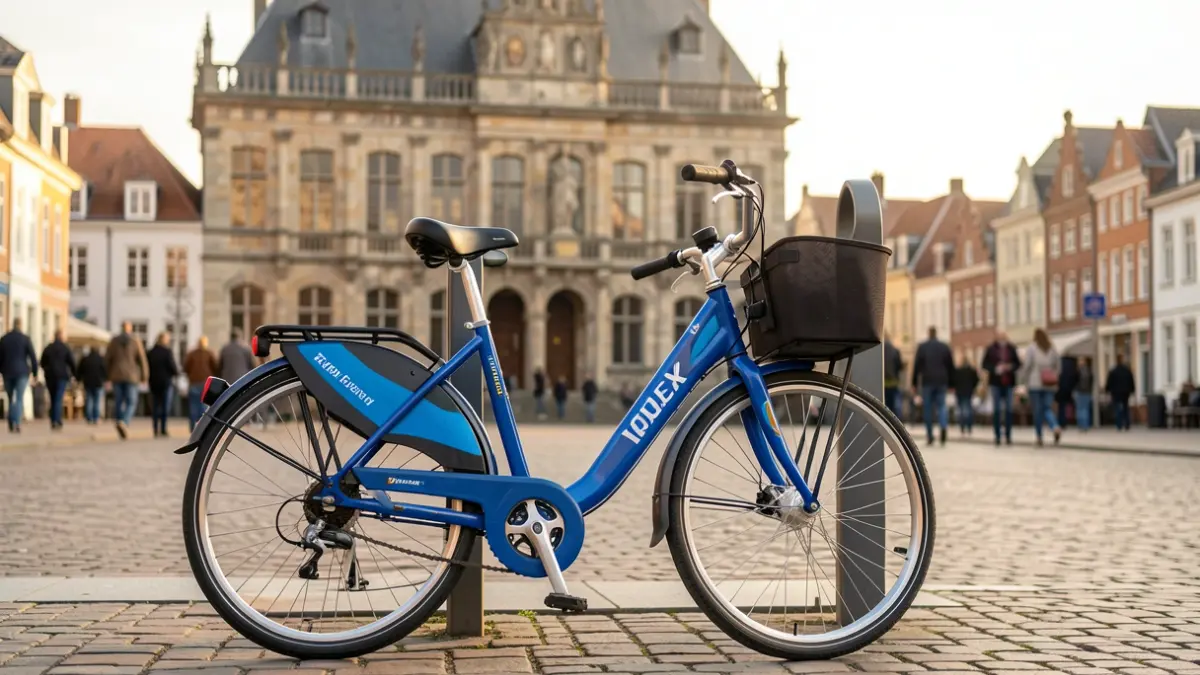 A Blue-bike shared bicycle parked at a station in a Flemish town, with the facade of a historic town hall in the background. Warm sunlight.