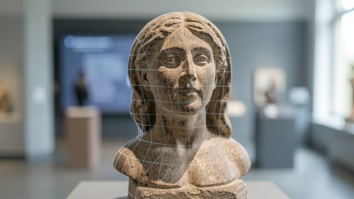 Gedetailleerde 3D-scan van een historisch erfgoedobject met digitale overlay, tegen een wazige achtergrond van een museum of digitale interface.