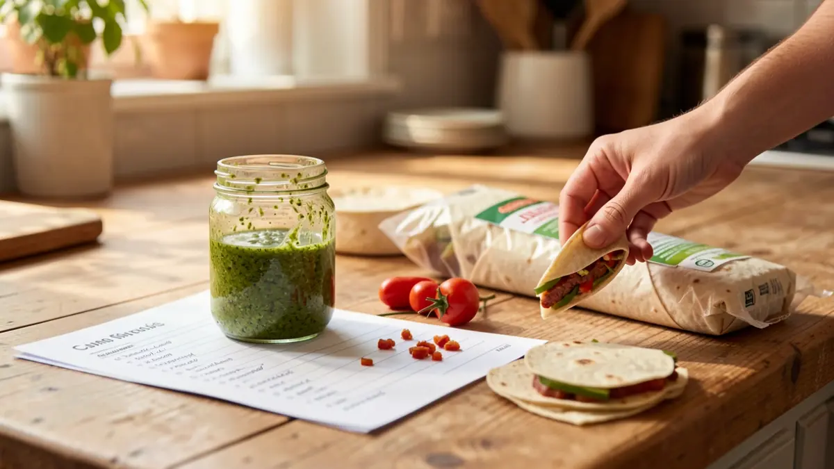 Generieke afbeelding van een keukenblad met boodschappen en een hand die naar een snack reikt.