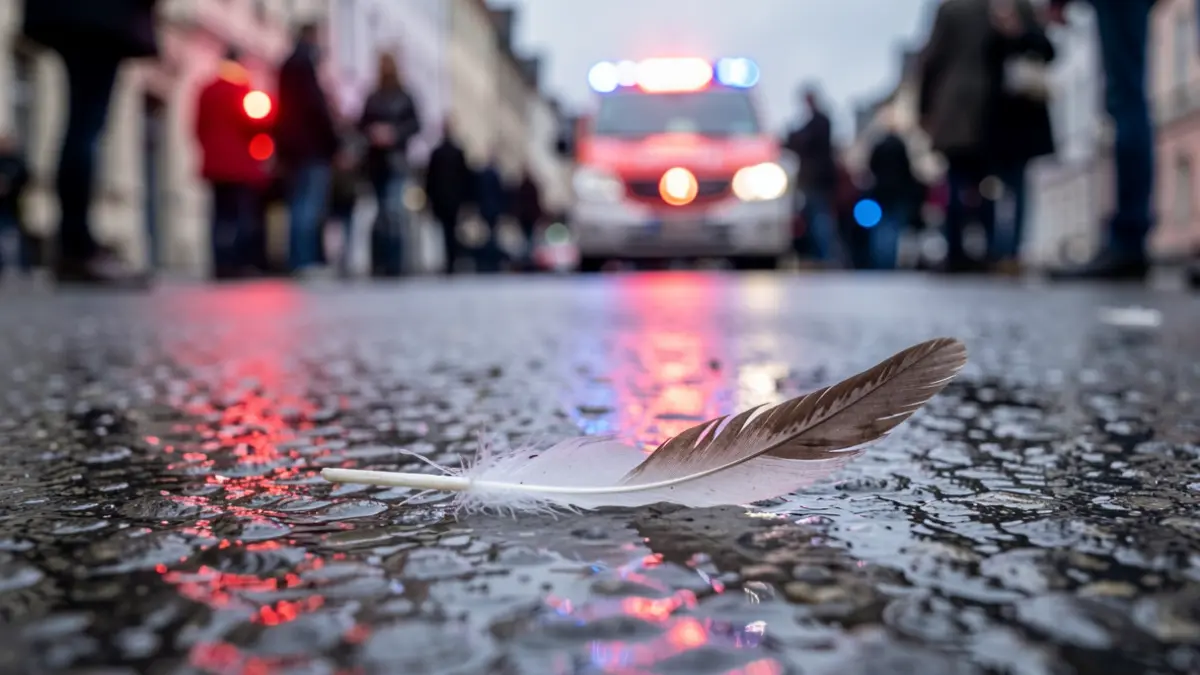 Vage afbeelding van een vogelveer op nat asfalt met reflecterende noodverlichting.