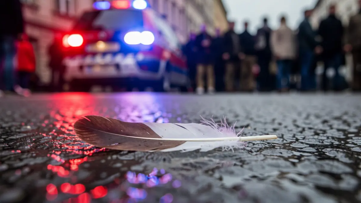Generieke afbeelding van een veer op een nat oppervlak met reflecterende noodverlichting.