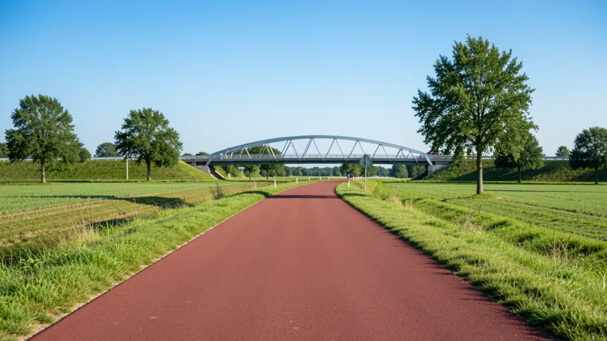 Een brede, lege fietsweg met roodbruin asfalt door een groen Vlaams landschap met bomen en een brug over een autosnelweg.