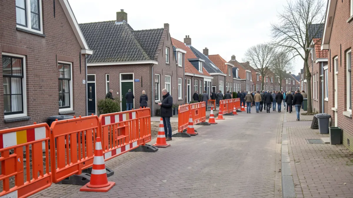 Construction works on a street in a Flemish sub-municipality with traditional houses in the background.