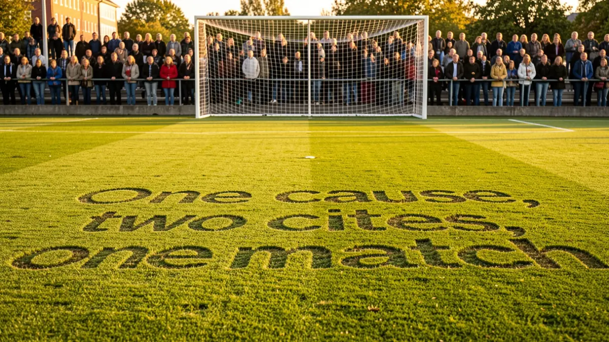 Voetbalveld in Mechelen met de slogan 'One cause, two cities, one match'.