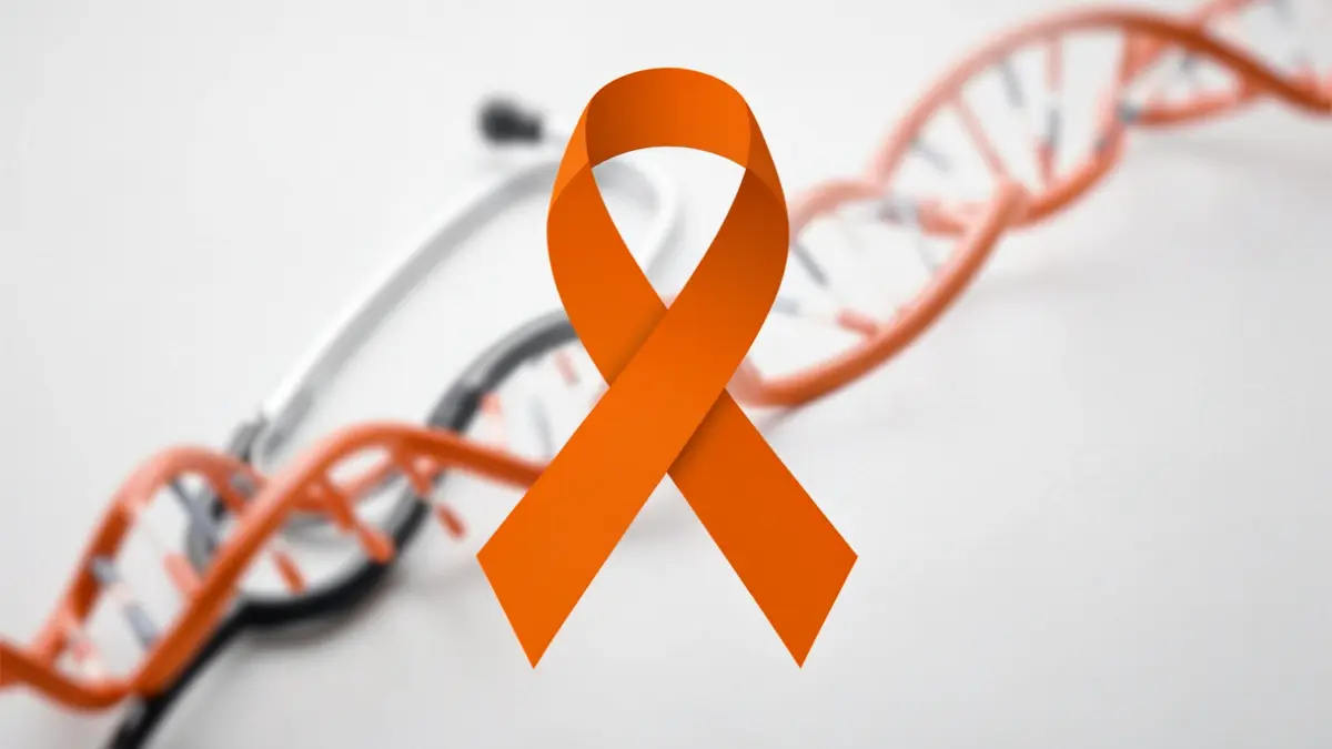 Symbolic image of kidney cancer awareness featuring an orange ribbon and medical elements.