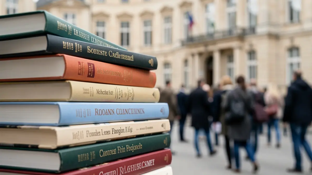 Close-up of a stack of academic books with a blurred university building facade in the background, soft natural light, documentary photography style. Focus on the books and the academic environment.