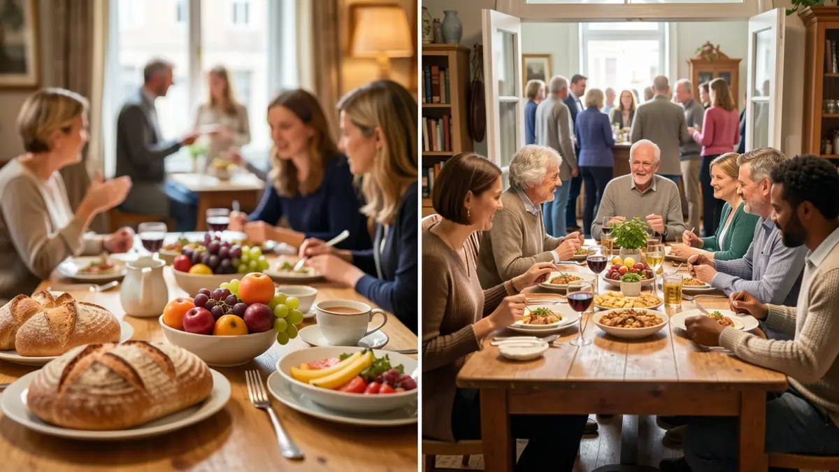 Two scenes side-by-side: a breakfast table with local products and people talking, and a group of people sharing a meal around a table in a homey atmosphere.