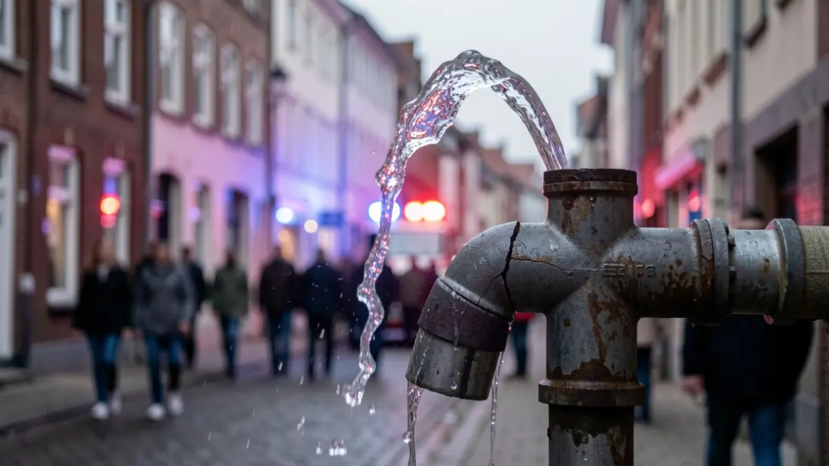 A cracked water pipe with spraying water, against a blurred background of residential buildings in a Flemish municipality, with a subtle blue and red emergency light glow.