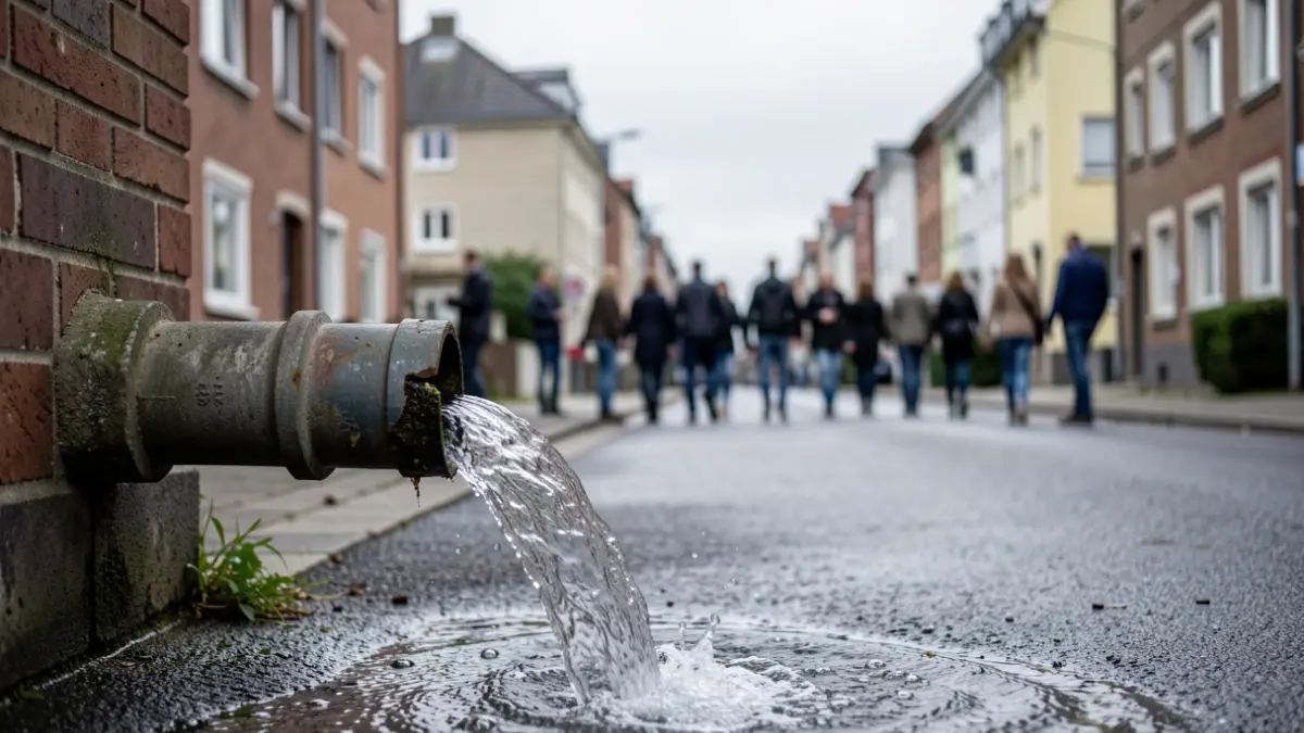 Een gebroken waterleiding in Ekeren met water dat op straat spuit.