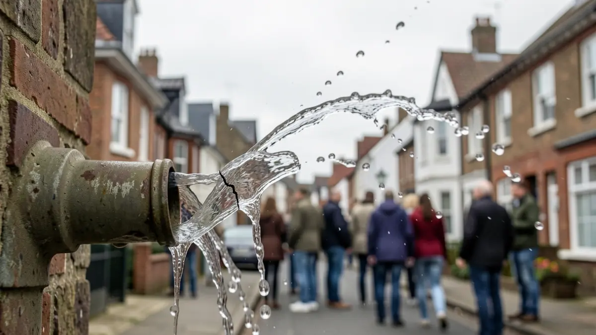 A cracked water pipe with spraying water in Hove, Belgium.