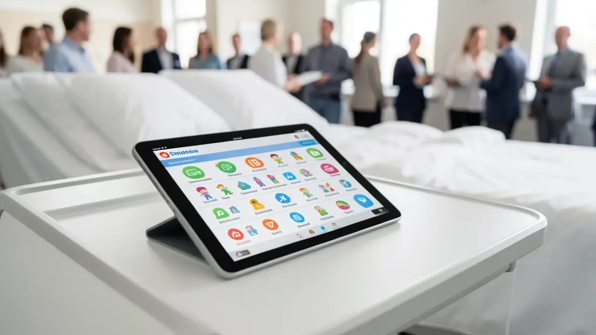 Close-up of a digital tablet displaying a child development progress chart, resting on a hospital bedside table.