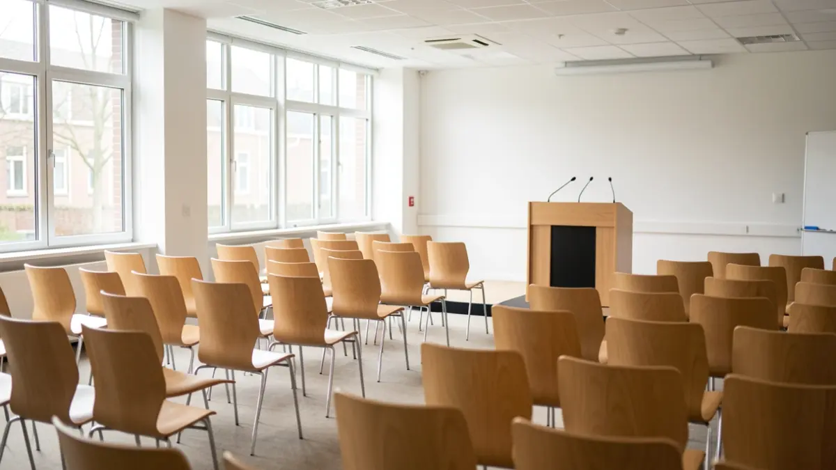Generieke afbeelding van een lege seminariezaal in Vlaanderen met microfoons op het podium.