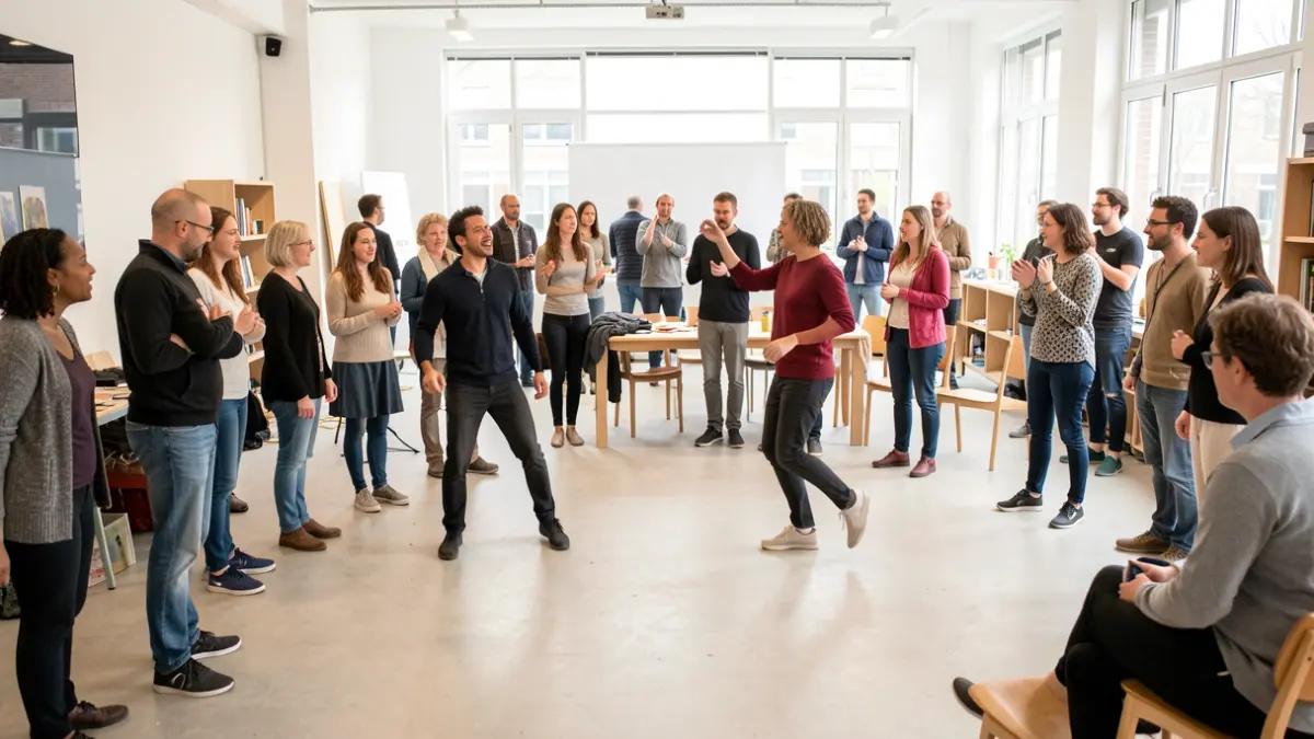 Groep mensen neemt deel aan theaterworkshop in gemeenschapsruimte.