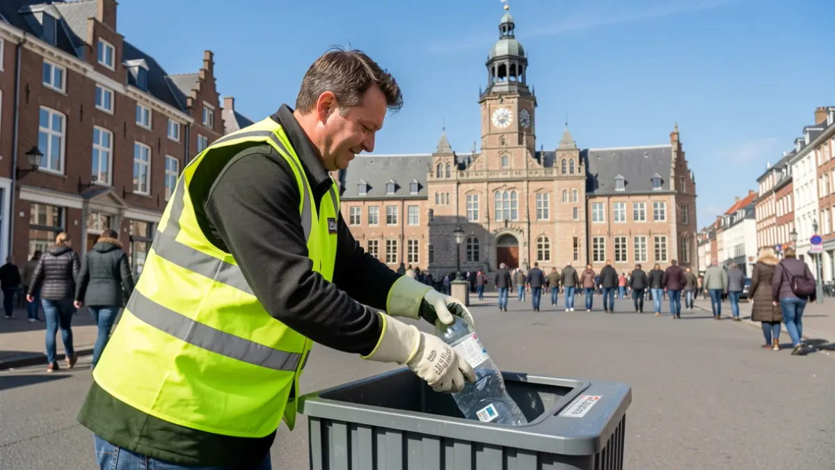 Een straatveger plaatst een lege fles in een vuilnisbak in Kortenberg, met op de achtergrond het gemeentehuis.