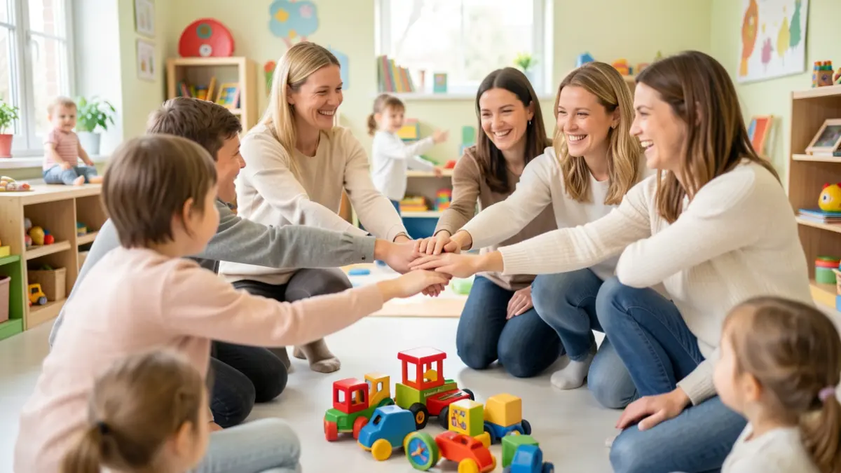 Group photo of smiling childcare workers holding hands around children's toys in a colorful daycare setting.