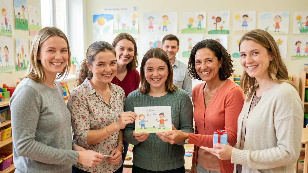 Group photo of childcare workers and reception parents receiving a small gift in a daycare center.