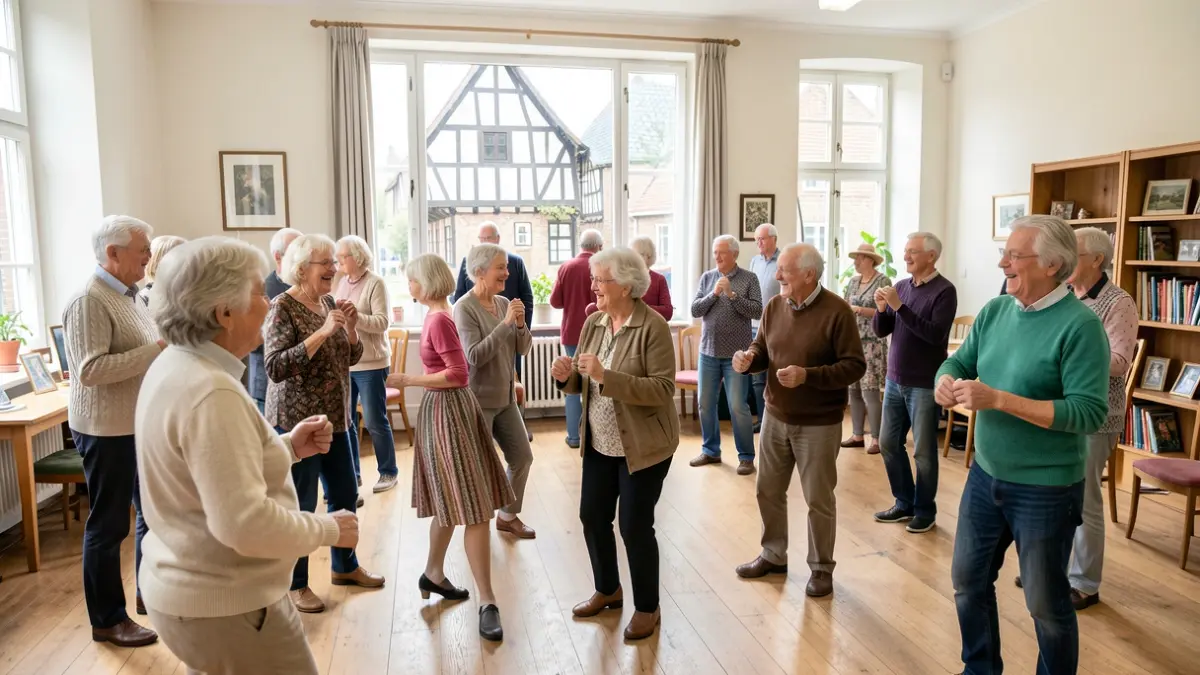 Groep senioren die linedance doen in een gemeenschapscentrum in Vlaanderen.