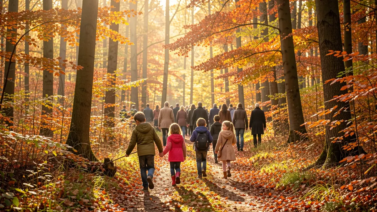 Gezinsnamiddag in het Bergmolenbos in Roeselare tijdens de Week van het Bos, met kinderen die spelenderwijs de natuur ontdekken.