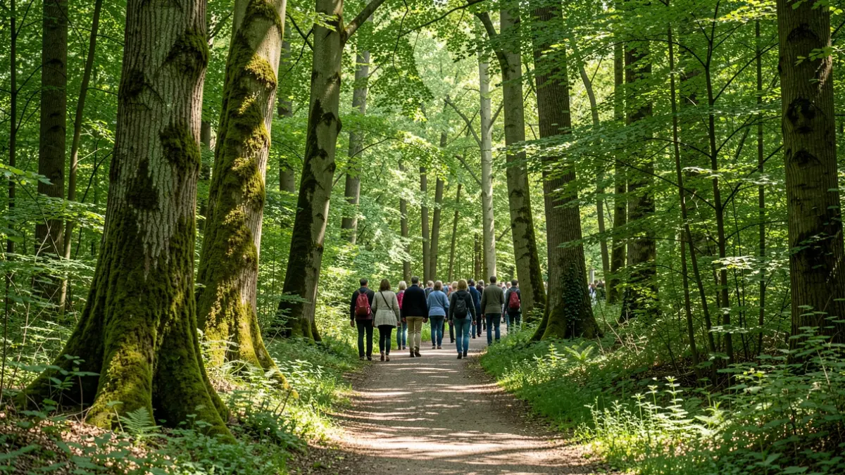 Een weelderig groen bos in Vlaanderen met zonlicht dat door het bladerdak filtert, met mosbegroeide boomstammen en een kronkelend pad.