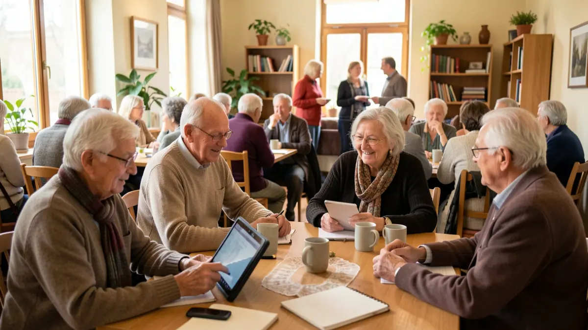 Group of elderly people participating in a workshop in a community center.