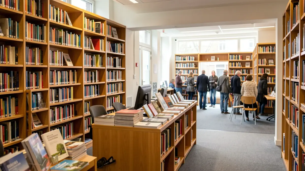 Interior of a modern library in Flanders with bookshelves and a welcome desk.