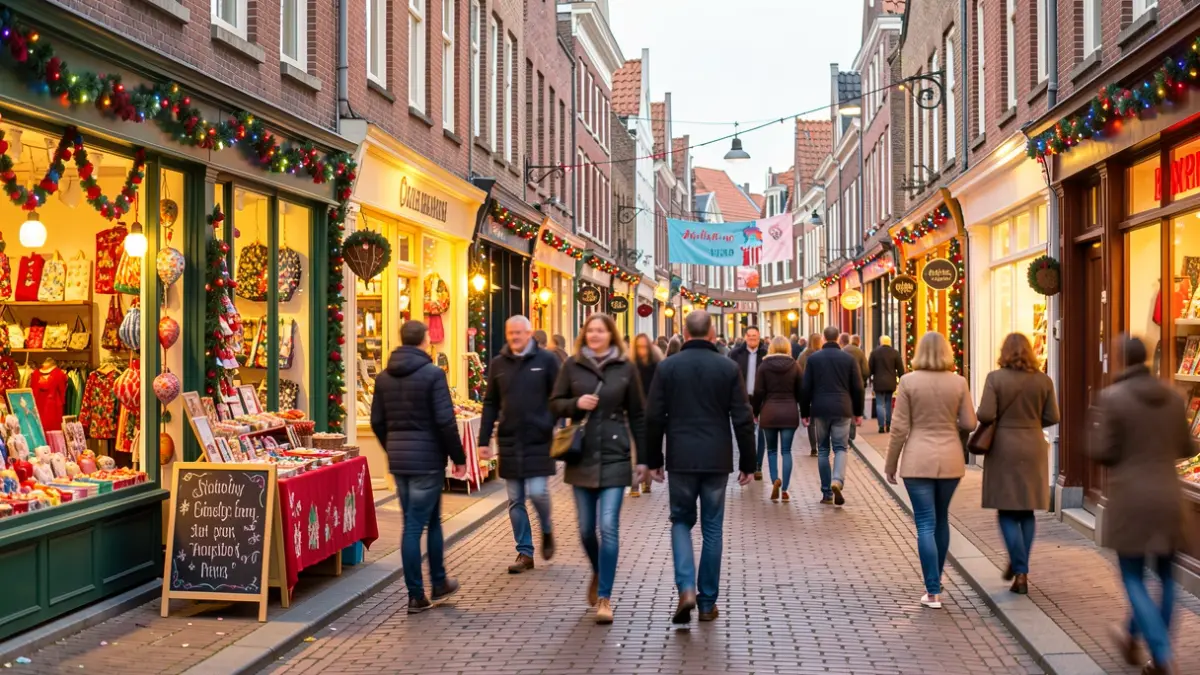 Feestelijke winkelstraat in een Vlaamse stad tijdens een klantenevenement, met decoraties en wazige mensen op de achtergrond.