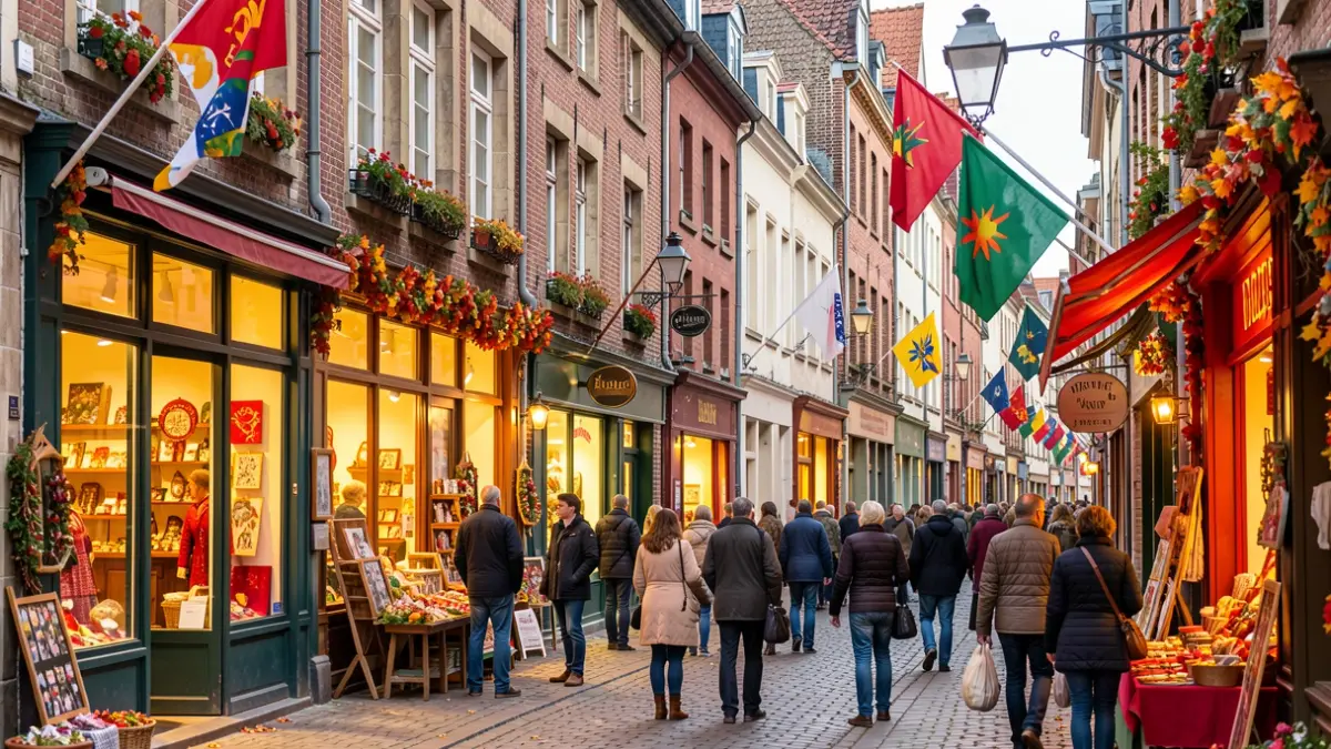 Feestelijke winkelstraat in een Belgische gemeente tijdens het Weekend van de Klant, met vlaggen en etalages.