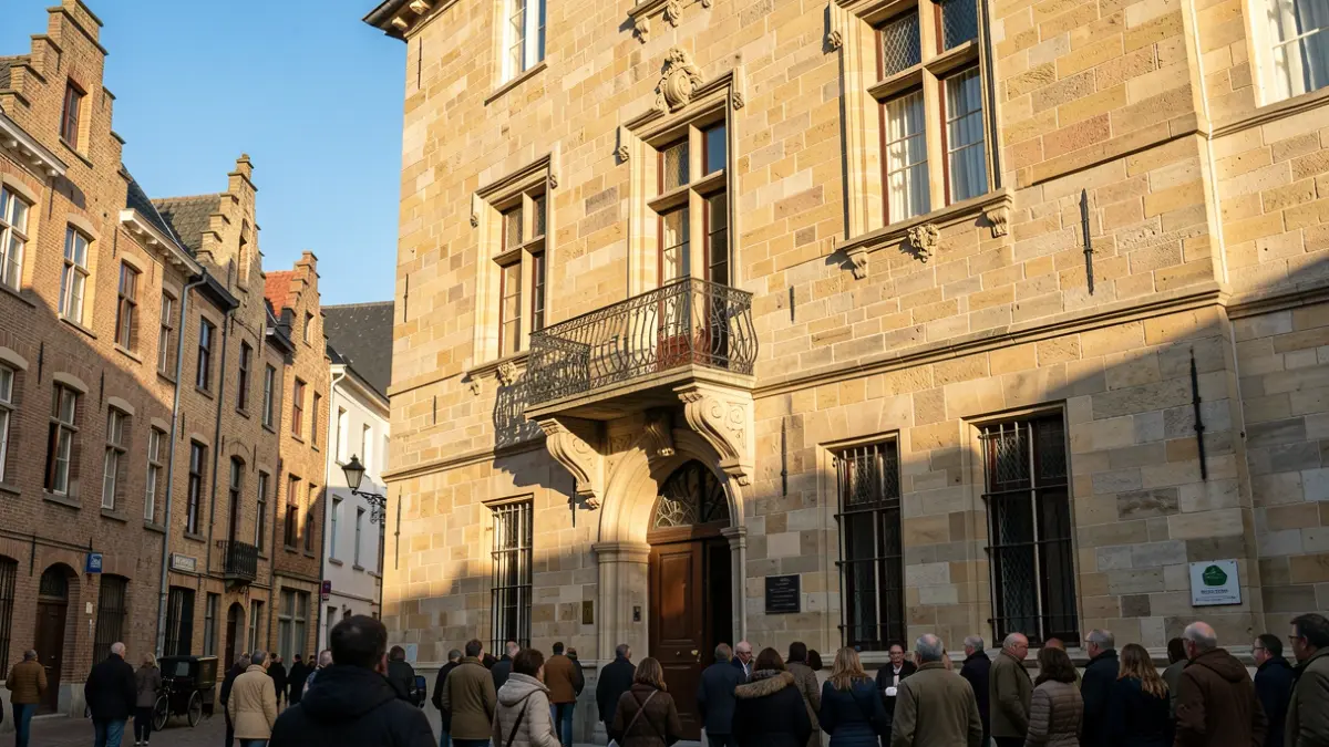 Stone town hall facade with balcony in the afternoon sun.