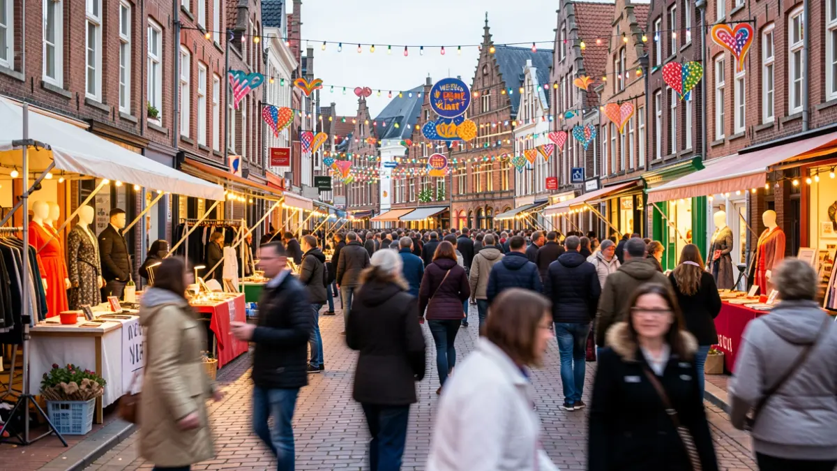 Feestelijke winkelstraat in Ronse tijdens het Weekend van de Klant met modeshows en straatanimatie.