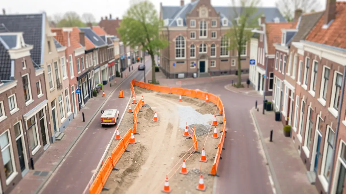 Generieke afbeelding van wegenwerken in een Vlaamse gemeente met op de achtergrond deels zichtbare stadsarchitectuur.