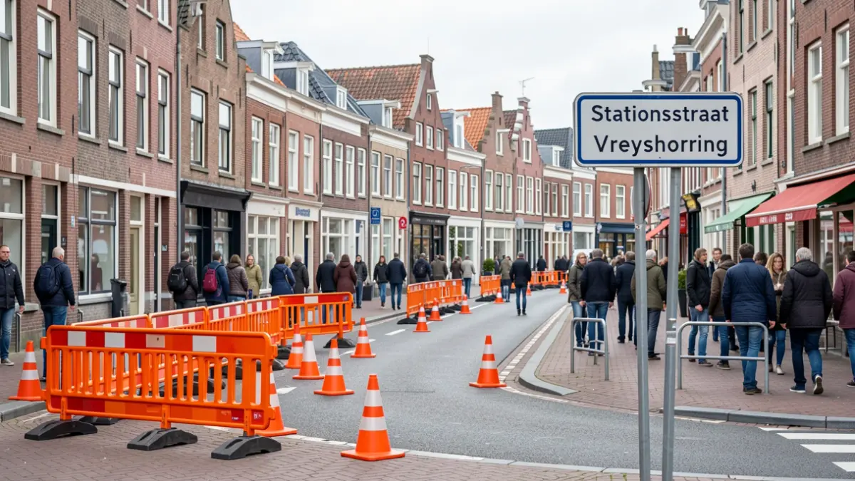 Wegwerkzaamheden in een Belgische straat met oranje barrières en omleidingen.