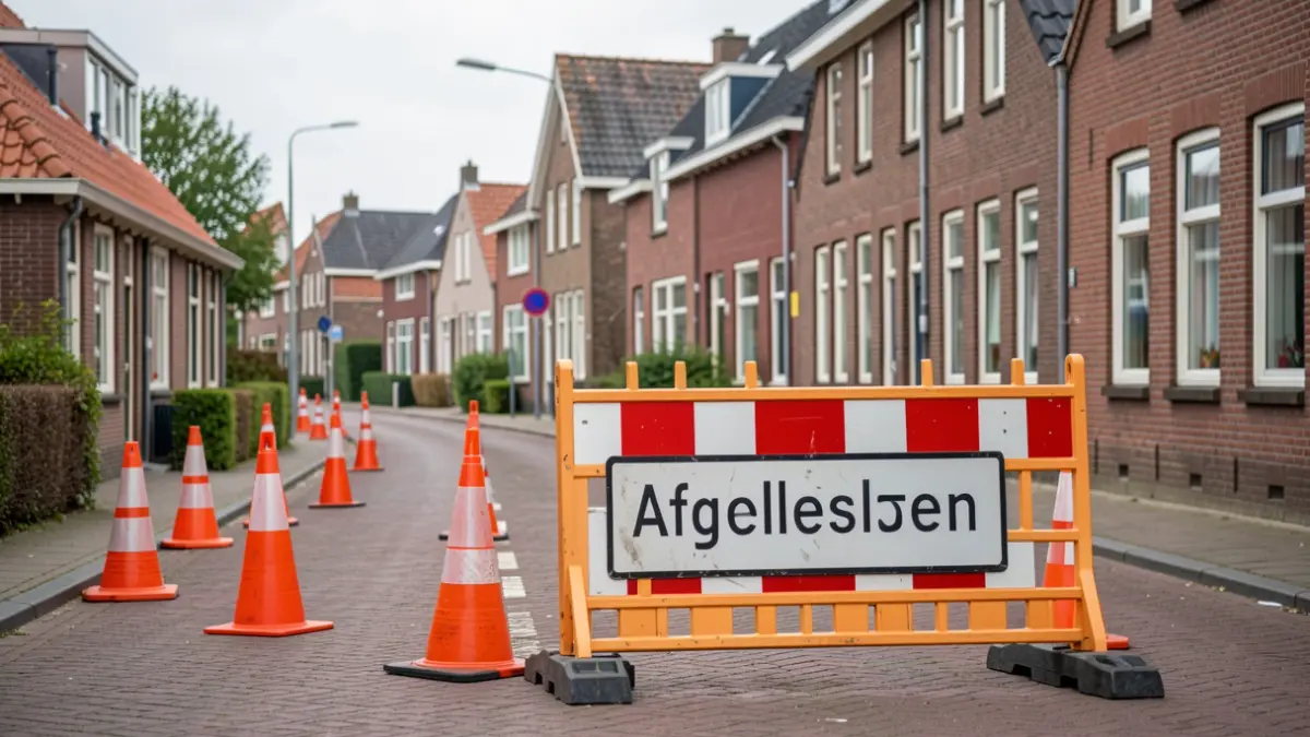 Wegwerkzaamheden in een Vlaamse gemeente met afgesloten straat en verkeersborden.
