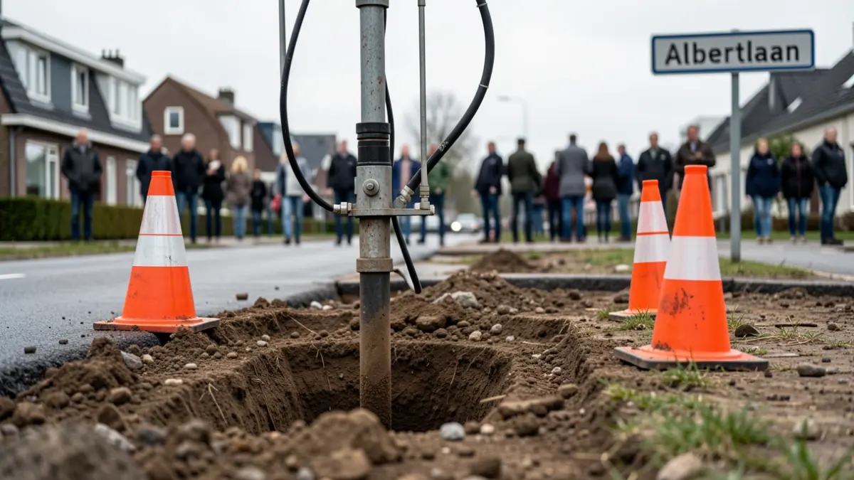 Wegenwerken in de Albertlaan in Knokke-Heist met dieptesonderingen en verkeerskegels op de opgebroken rijbaan.