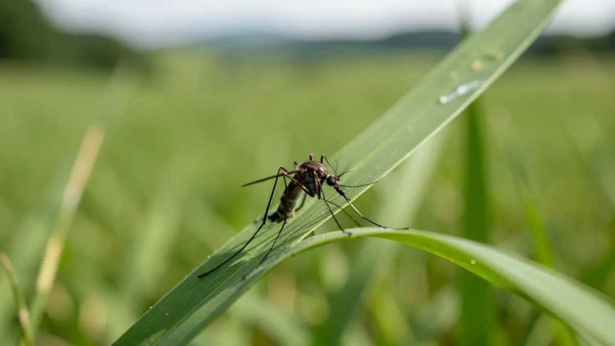 Close-up van een mug op een grasspriet, met een wazige groene achtergrond die een regionaal landschap suggereert. De belichting is zacht en natuurlijk, met de nadruk op de mug als onderwerp.
