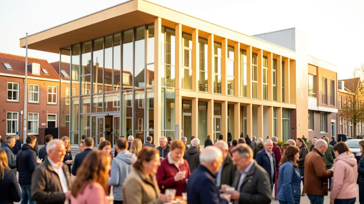 Moderne Vlaamse stadhuisgevel met veel glas, in de zon, met op de voorgrond wazige figuren die gemeenschapszin uitstralen.