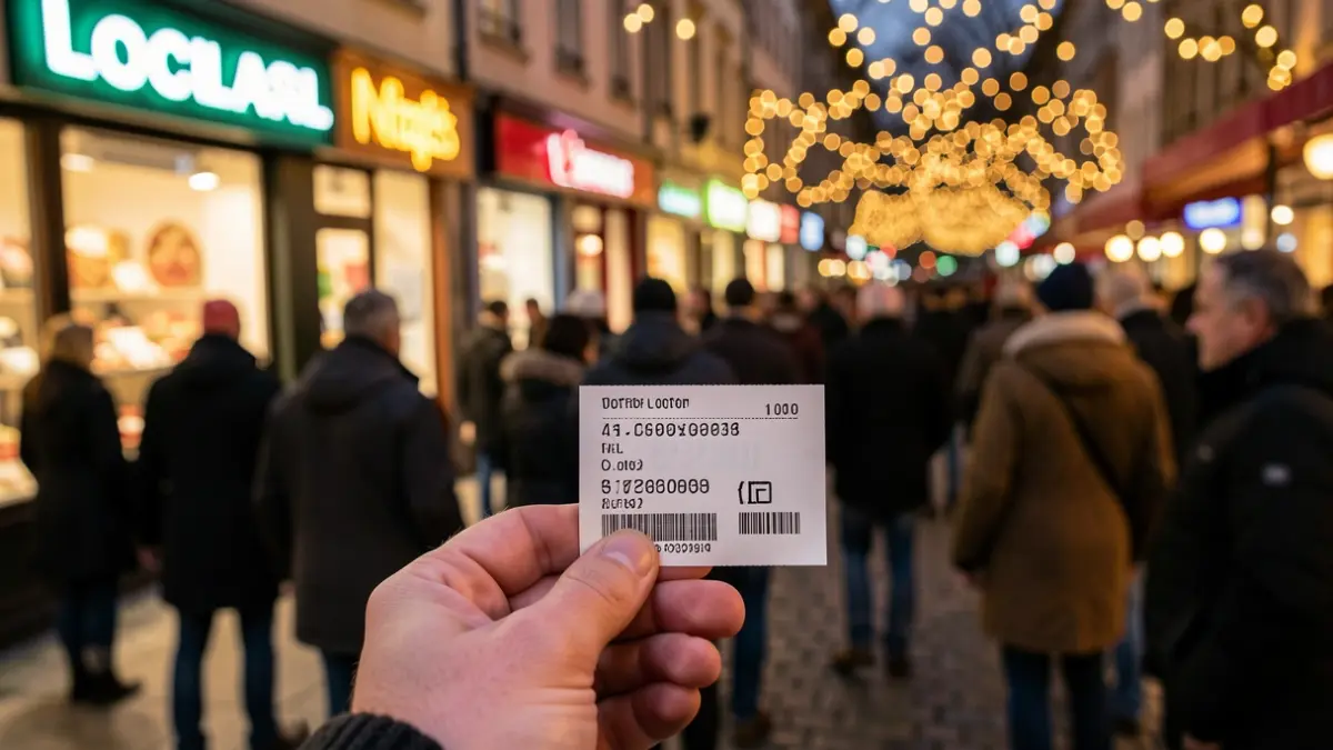 Een hand die een lotje met unieke code vasthoudt, met lokale winkels op de achtergrond tijdens de eindejaarsperiode.