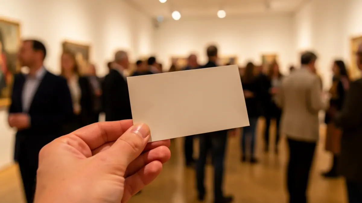Generieke afbeelding van een hand die een toegangsticket vasthoudt, met een wazige achtergrond van een tentoonstellingsruimte. Het ticket bevat geen tekst. De belichting is warm en uitnodigend.
