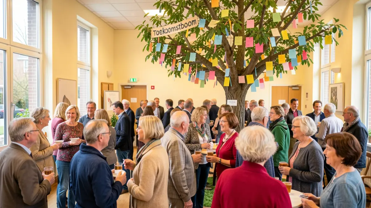 A diverse group of people engaging for the municipality of Wingene during a reception, featuring a 'future tree' filled with ideas.