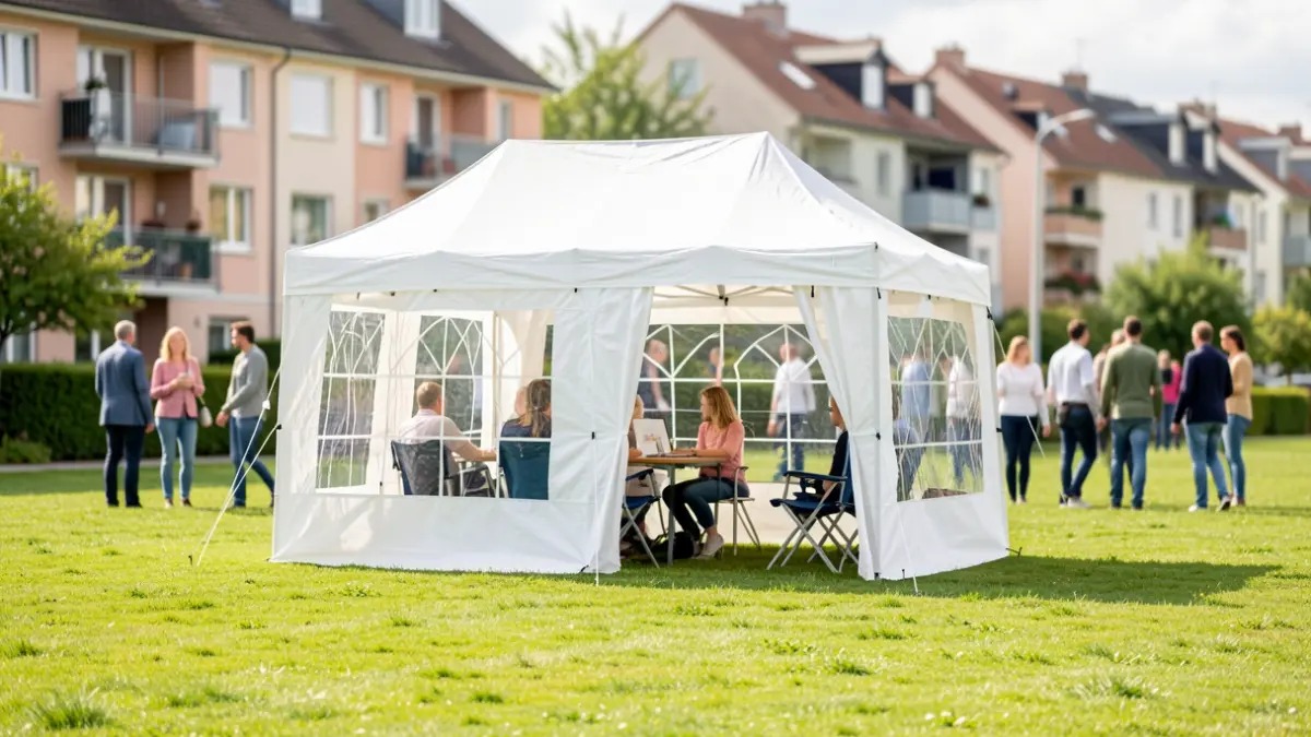 Temporary pop-up office on a green lawn in a residential neighborhood, with blurred residential buildings in the background.