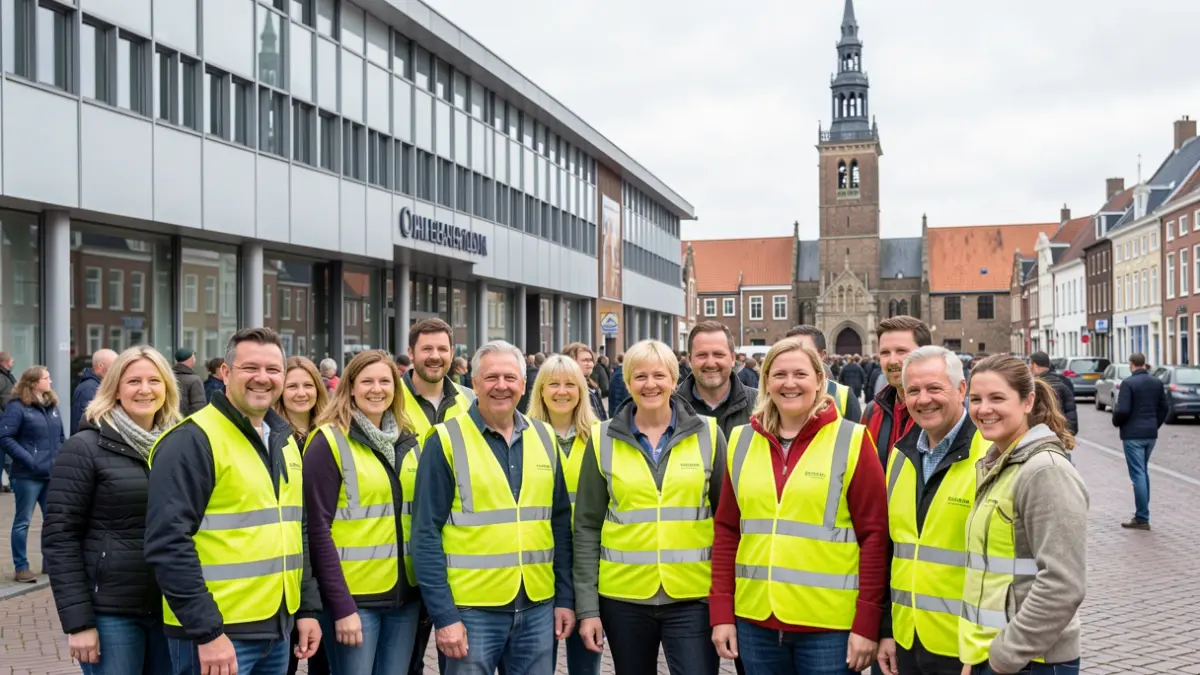 Generic image of a group of volunteers in front of a municipal building in Flanders.